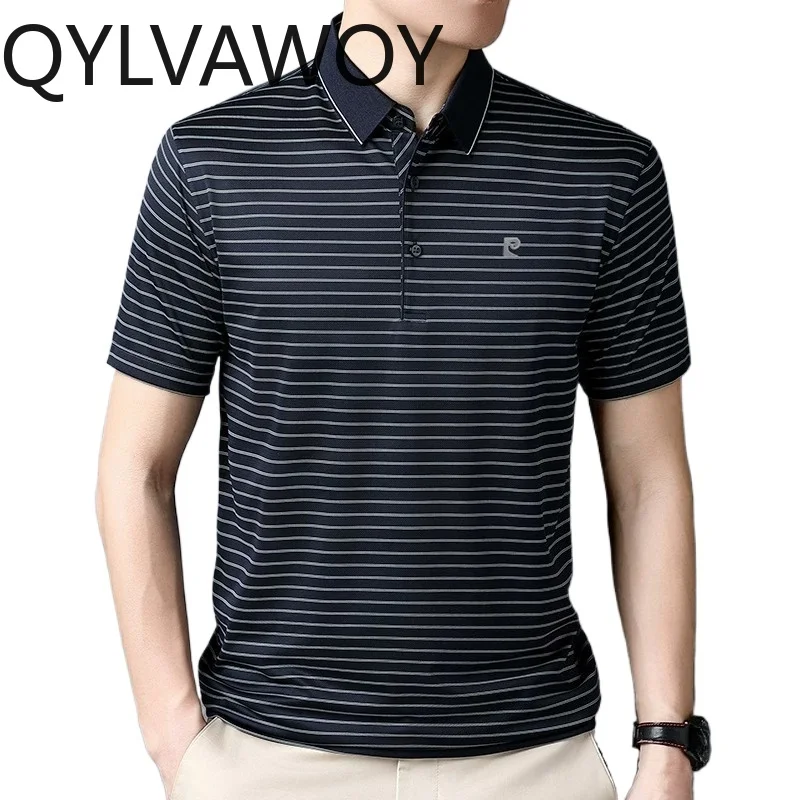 QYLVAWOY 100% Mulberry Silk Men's Shirts Lapel Polo Shirt Striped T Shirts for Man Short Sleeve T Shirt Homme Summer Clothes New
