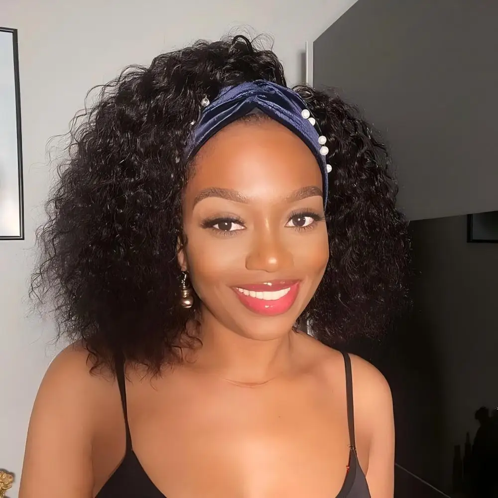 Perruques bandeau bouclées crépues en cheveux humains brésiliens Remy, densité 200%, 20 pouces, prêtes à porter, sans colle, perruque bandeau ondulée pour femmes