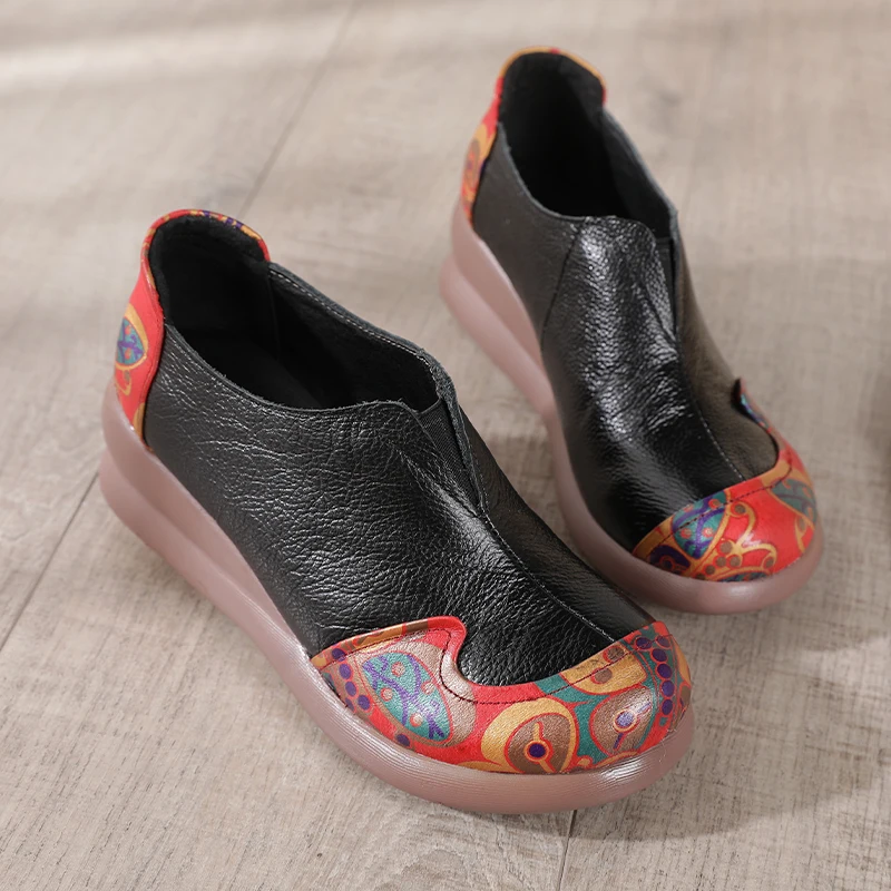 

New natural leather pumps shoes women's vintage layered heels woman wedge pumps ladies V neck slip on shoes mom flats patchwork