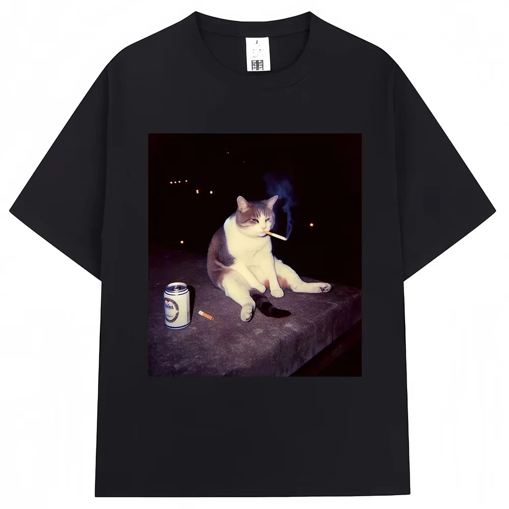 Funny Cat Smoking Meme Graphic T-shirts Men Women Creativity Popular Cat Lover T Shirt Cool Oversized Cotton Vintage Tee Shirts