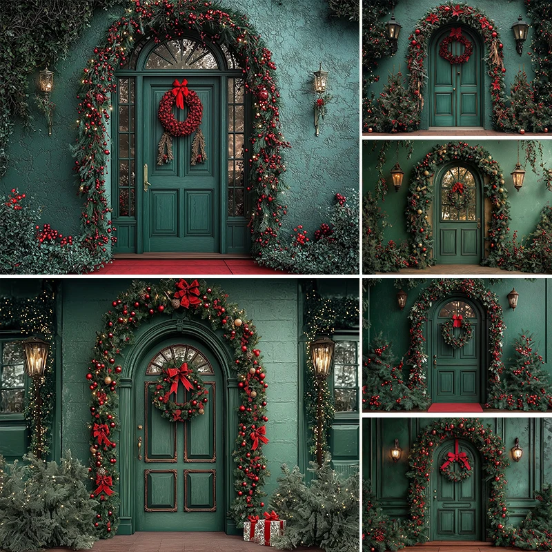 

LS Christmas Flower Arch Door Background Photography Green Wall Garland Street Light Backdrop Girl Winter Outdoor Photo Backdrop