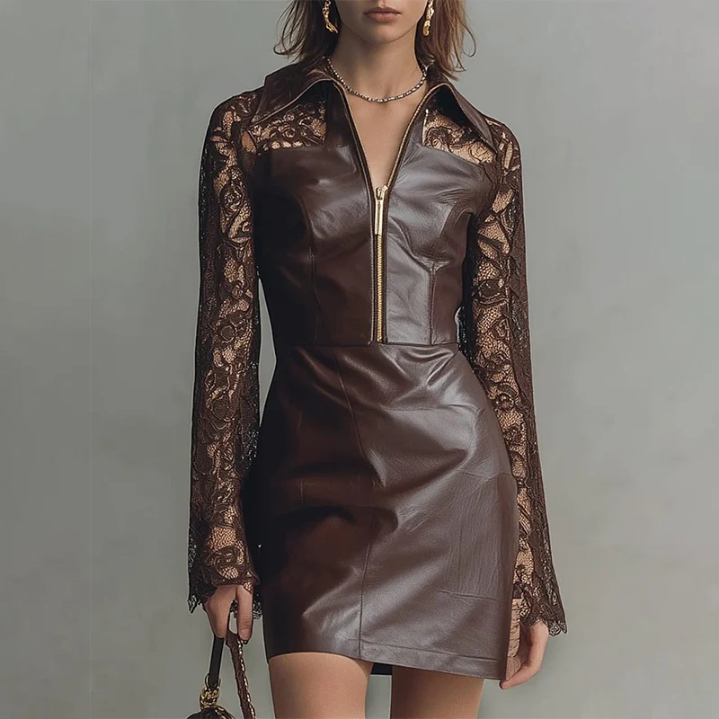 

PU Leather Dresses for Women Elegant Brown Shirt Collar Half Zip Lace Long Sleeve PU Leather Mini Dress Vintage Slim Fit Dress