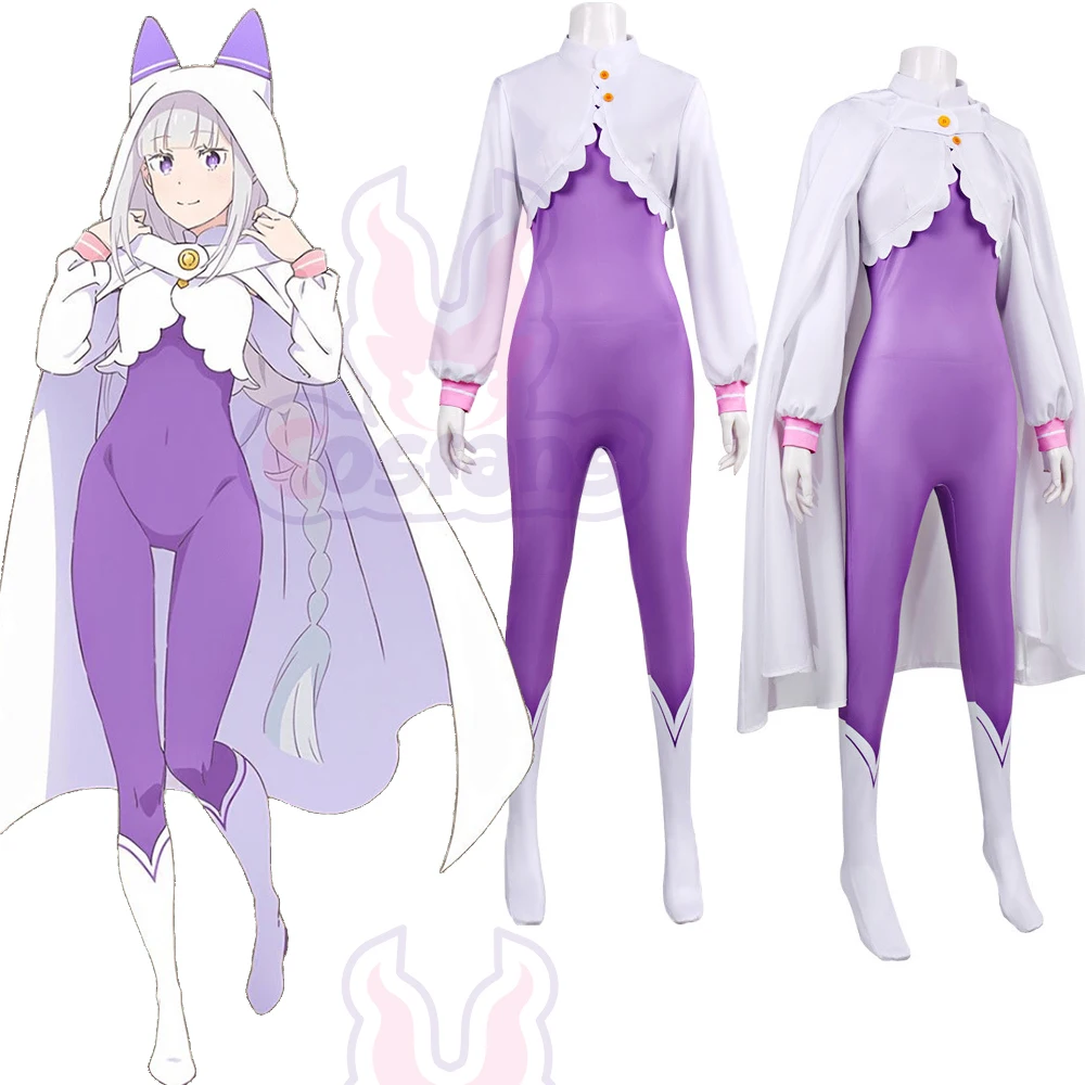

Zero Starting Life in Another World Anime Reo Emilia Cosplay Full Set Purple Tight Bodysuit Cloak Halloween Party Play Outfitst