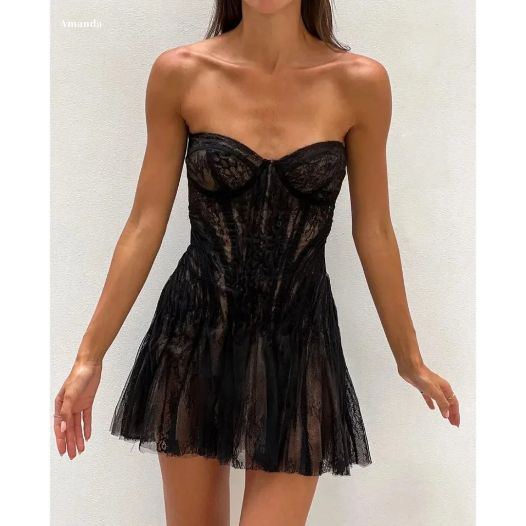 Amanda personalizado preto sem alças intrincado renda pura bustier queimado mini vestidos de noche elegante formal vestido de baile de noite
