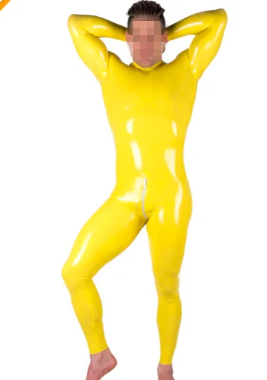 

Latex Rubber Catsuit Bodysuit Yellow Tights Sport Suit 0.4mm Zip S-XXL