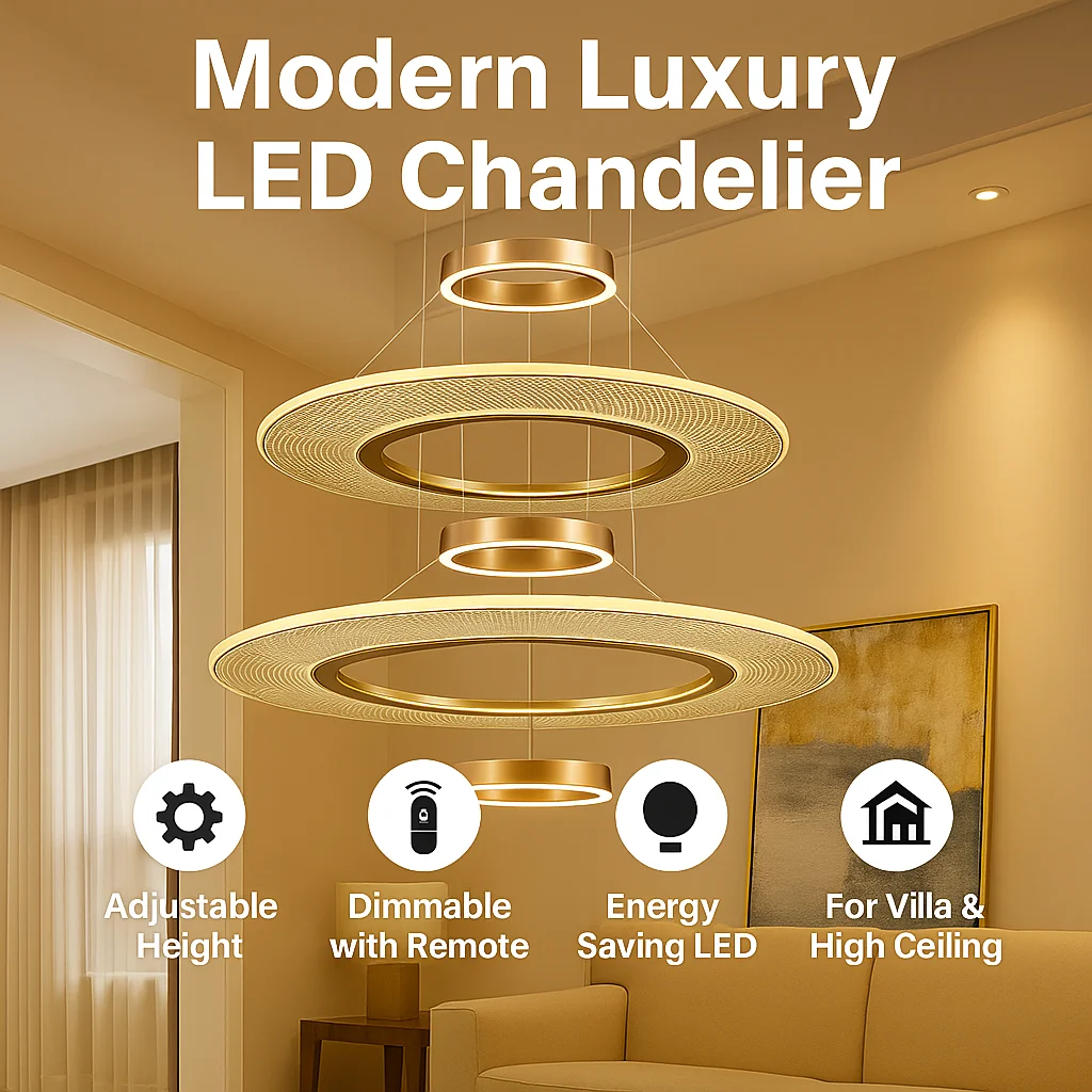 

Modern Luxury LED Chandelier – Adjustable Aluminum Pendant Light with Remote Dimmable, For Villa, Living Room & High Ceiling