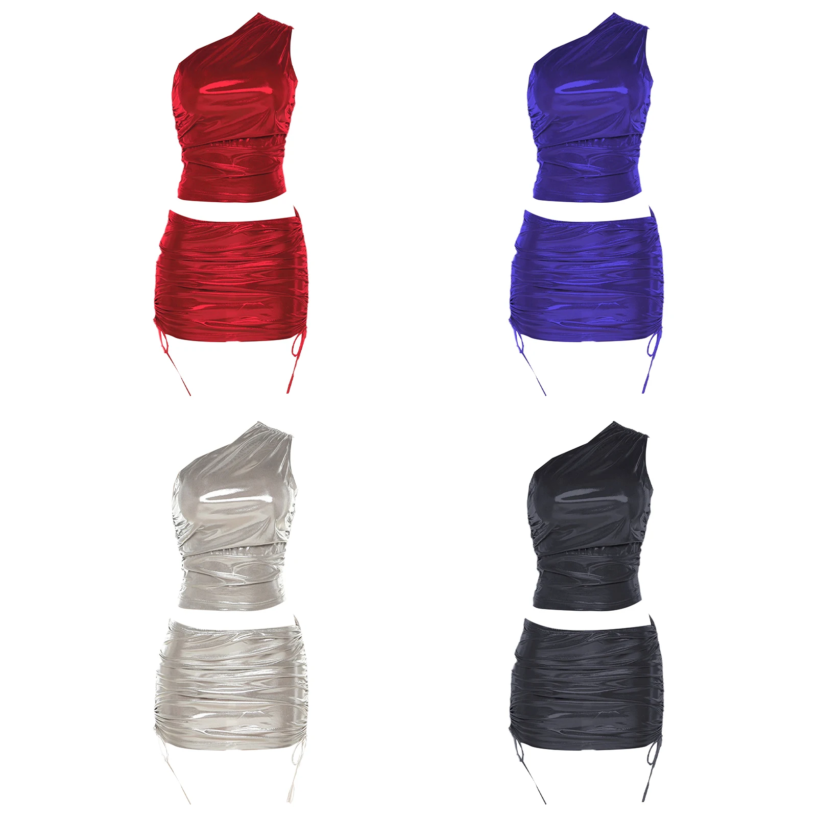 Conjunto metálico para mujer, lencería ajustada, ropa para discoteca, Top corto sexy sin mangas con un hombro y minifalda fruncida para fiesta de música Raves