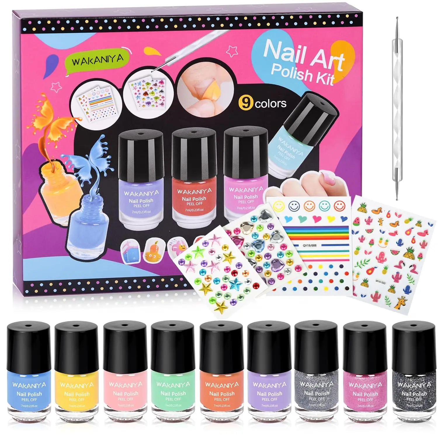 

Quick Dry Peelable Nail Polish Set with Gems Stickers, Non-Toxic Water-Based Kit for Ages 3+