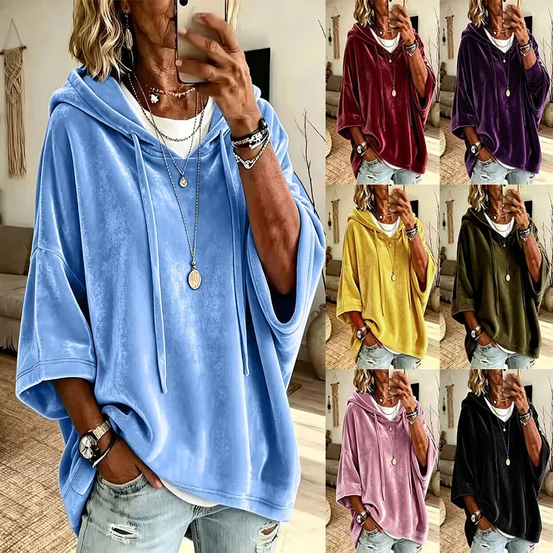Casual Velvet Hooded Sweatshirts Women Button Drawstring Hood 3/4 Sleeve Blouses Autumn Winter Casual Solid Daily Pullover Tops