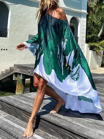 

Summer Beach Batwing Sleeve Casual Dress Inclined Shoulder Hollow Out Printing Dress Women Loose Long Cover Up Sleeve Beachwear