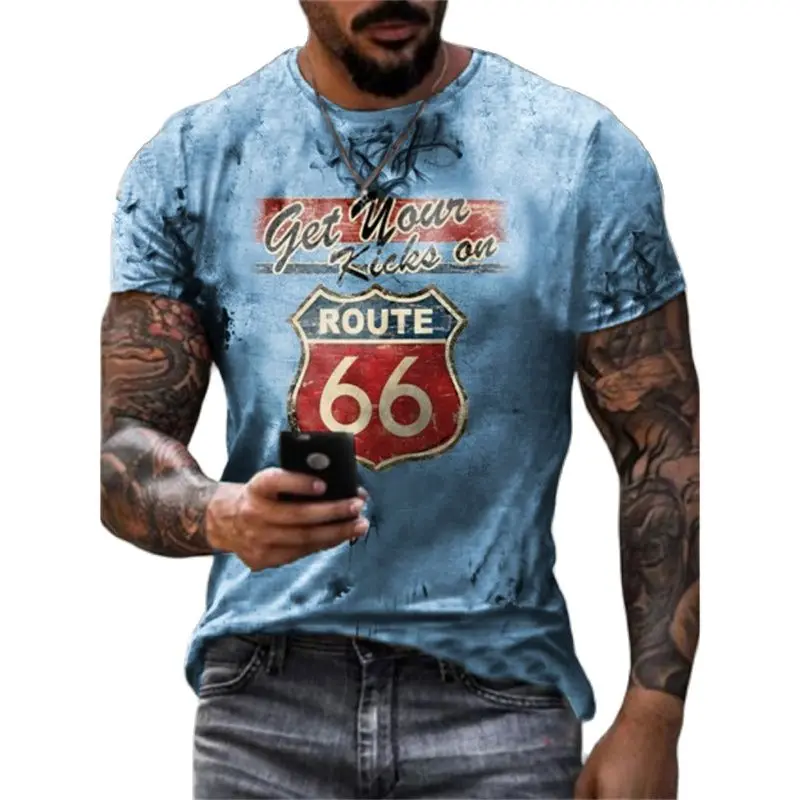 كاليفورنيا موضة خمر ثلاثية الأبعاد طباعة الرجال تي شيرت الصيف الولايات المتحدة الطريق 66 رسائل الملابس س طوق عادية الشارع المتضخم تي شيرت