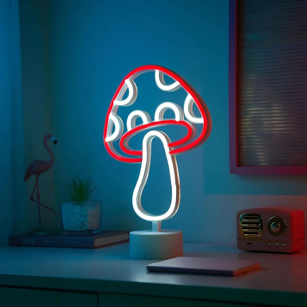 Mushroom LED Neon Table Lamp Battery Operated Unique Design Compact Room Décor Gift Parties Home Bedroom Living Room