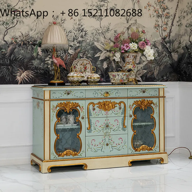 LLY luxury solid wood porch cabinet multi-layer hand-painted light blue decorative cabinet elegant villa foyer locker
