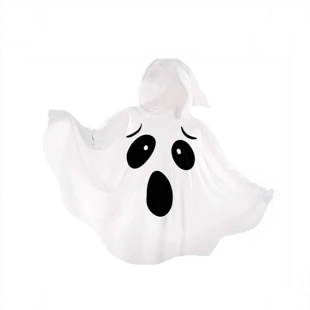 

White Halloween Cloak Cape Fright Clothes Black Eye Ghost Poncho Robe with Hat Fancy Dress Ghost Cosplay Costume Carnival