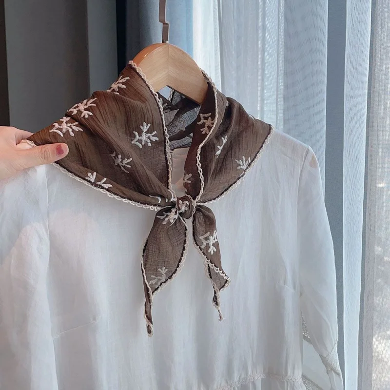 

Embroidered small leaf celebrity-style scarf women, thin, with scalloped edges, direct sale price, silk scarf, fore