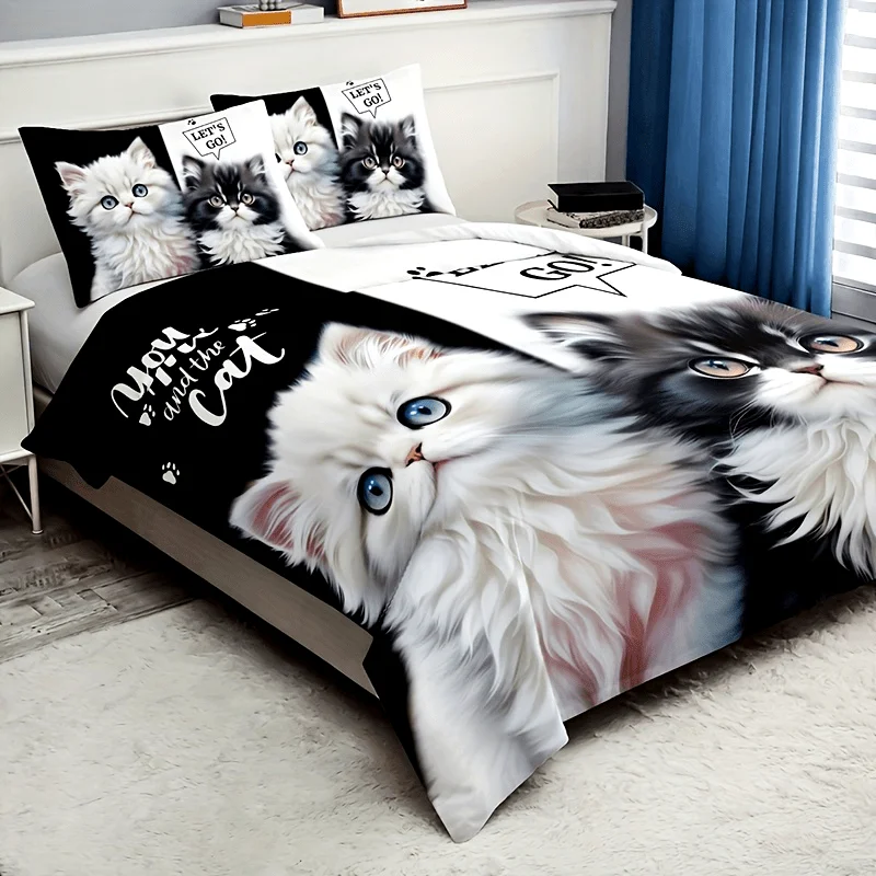 3pcs Adorable Cat & Kitten 3D Printing Bedding Set Breathable Duvets Cover Set 