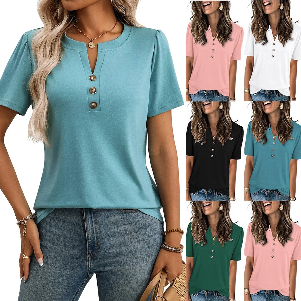 

Женские однотонные повседневные свободные блузки, модные летние винтажные атласные рубашки и блузки, элегантный молодежный женский пуловер с v-образным вырезом на пуговицах