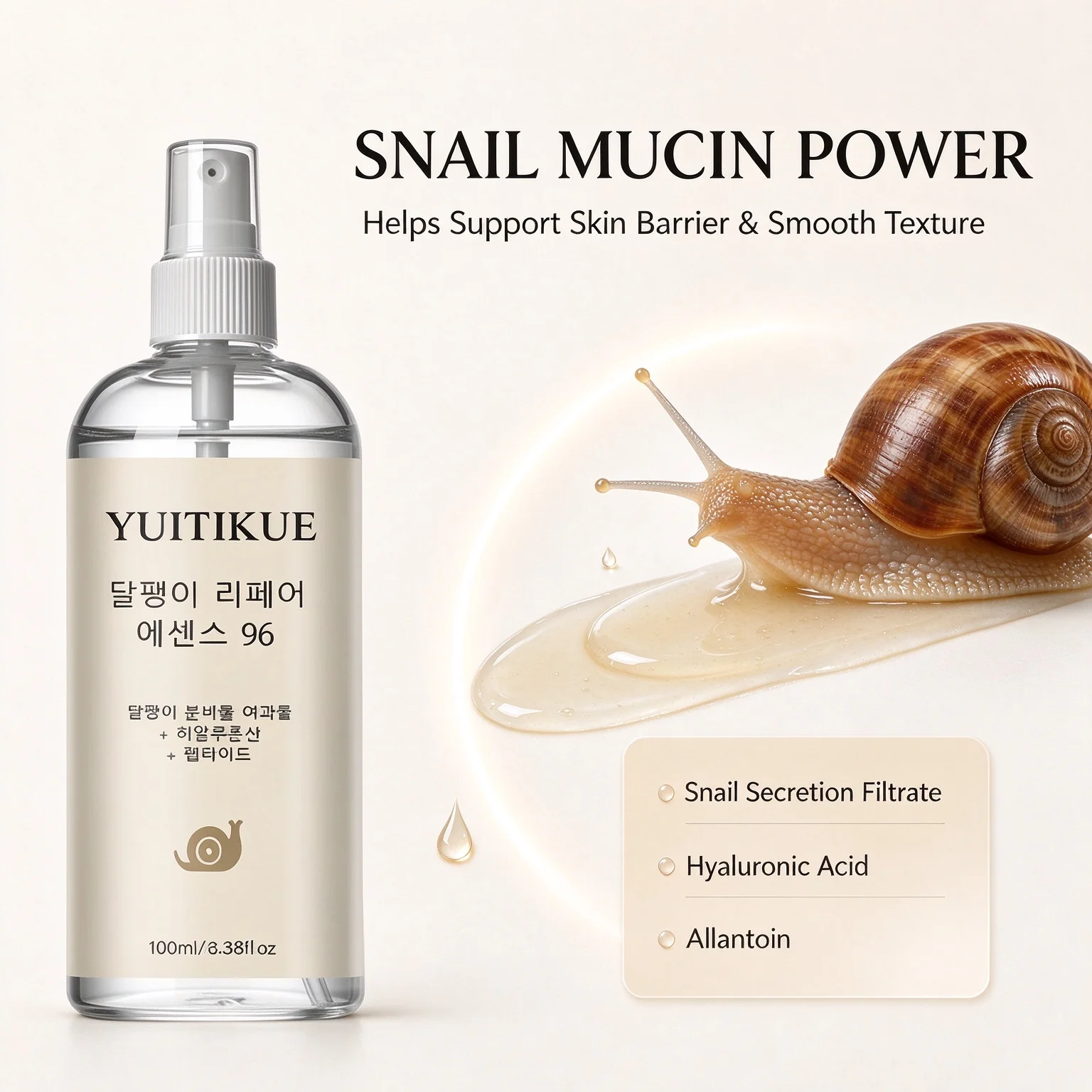 YUITIKUE Snail Nourishing Essence 96 100ml - Hyaluronic Acid & Peptide, Smoother Skin
