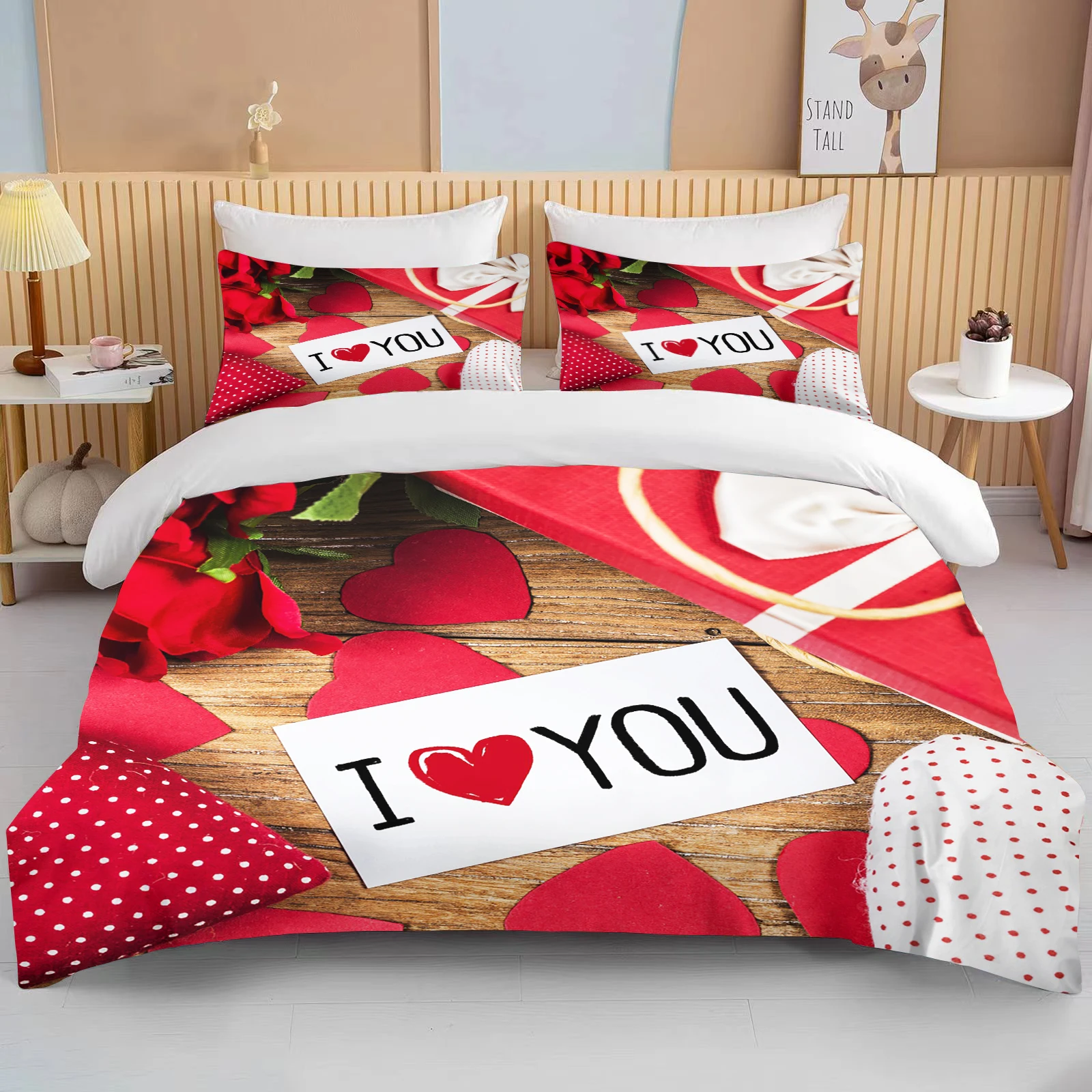 Love Heart Valentine's Day Red Pink Rose Flower 3D Bedding Set Duvet Cover Comforter Bed Linen For Couple Twin Queen King