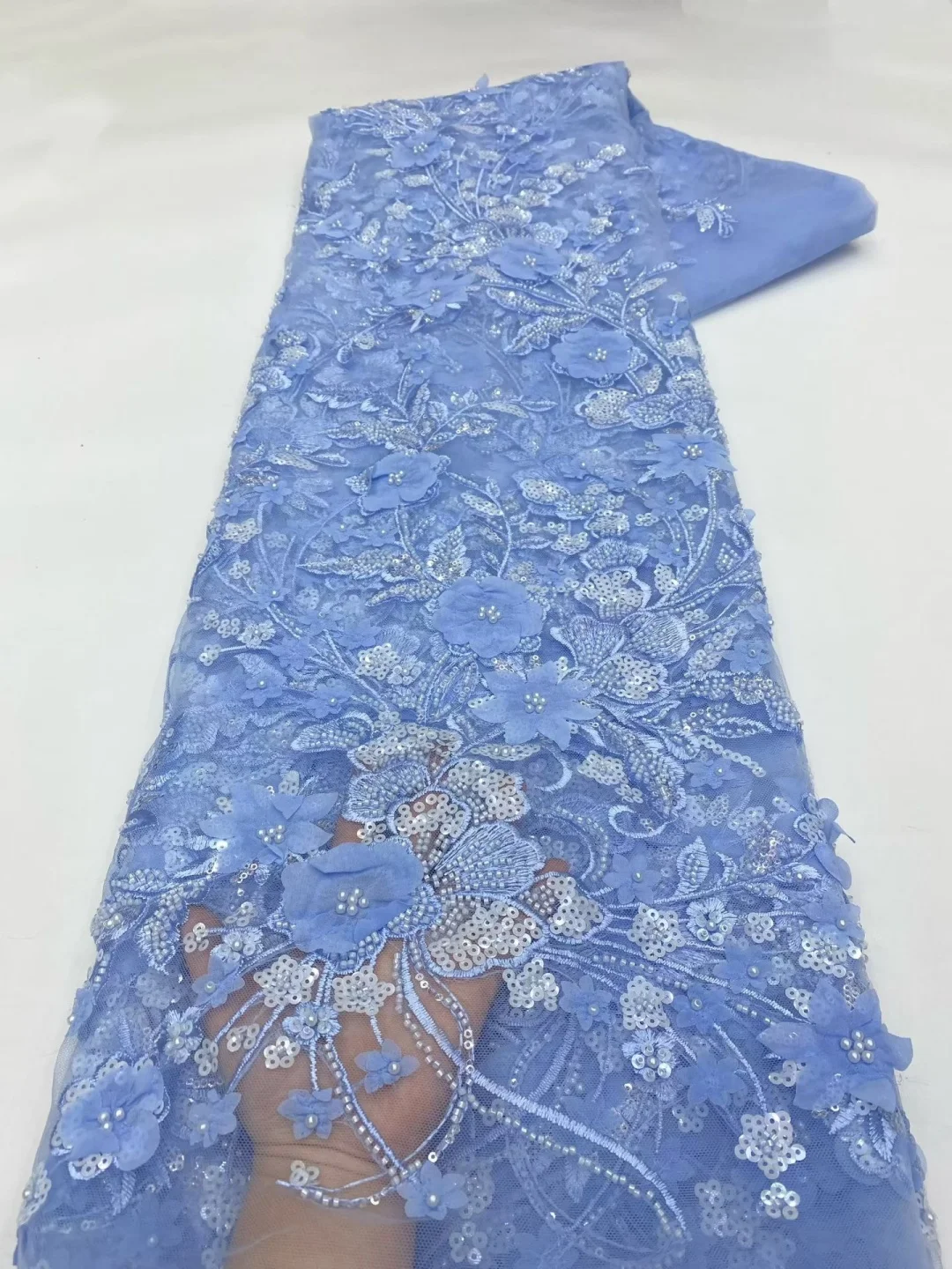 New Style 3D Flower Sequins Beaded Lace Fabric 2026 African Lace Fabric French Mesh Sequins Lace For Wedding Dress Sewing
