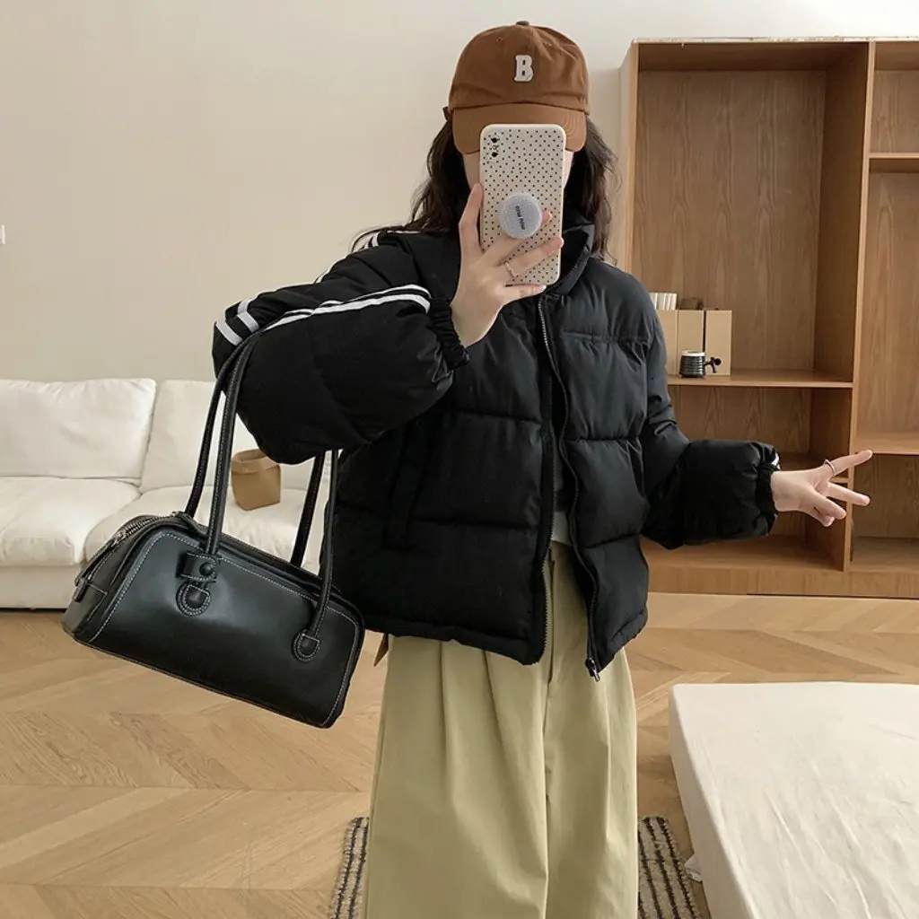 

Women's Cotton-Padded Jacket 3-Bar Short down Style Winter American Ken Bean Bread Suit Brown Hooded Outerwear