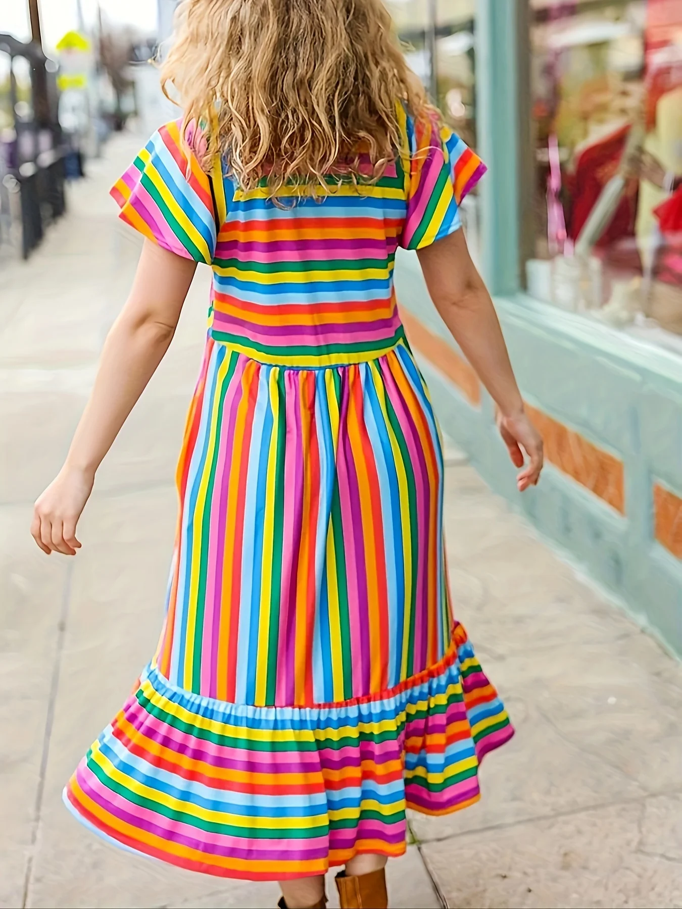 Plus Size1XL-5XL V-neck Rainbow Print Dress Loose Lotus Sleeve A-line Skirt Milk Silk Fabric Elastyczna Wygodna Oddychająca Piłka