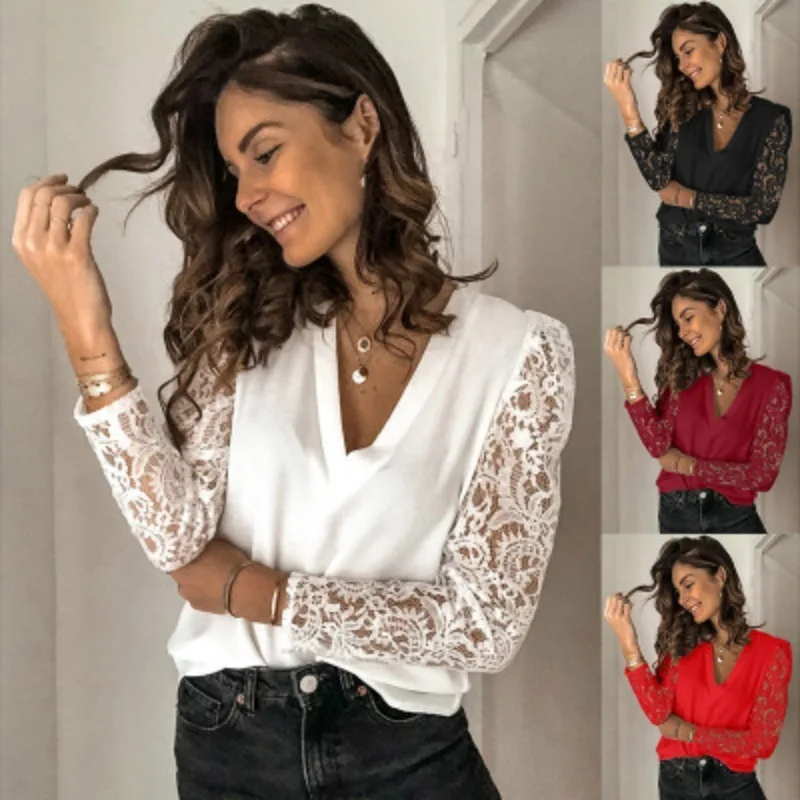 Women's Sweet Lace Spliced Long Sleeve Chiffon Shirt Autumn/Winter Office Lady Solid V-Neck Blouse Women Clothing S-5XL