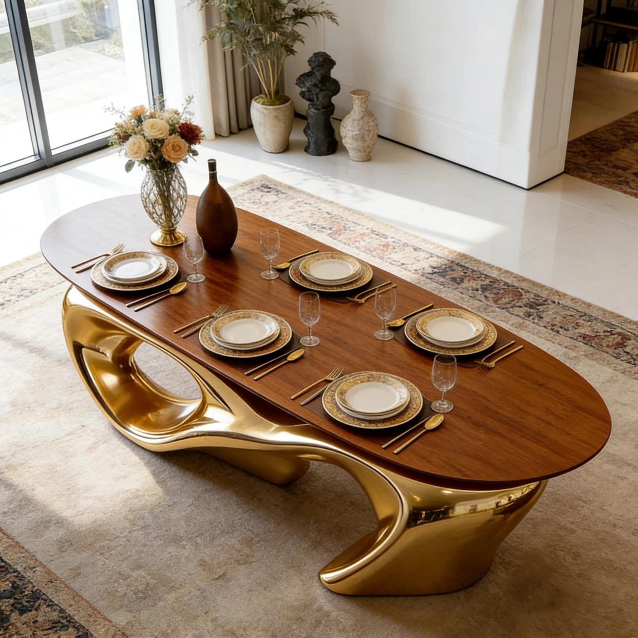 S*-Luxury Modern Artistic Oval Dining Table Polished Gold Sculpture Base Walnut Wood Top Eco-Friendly