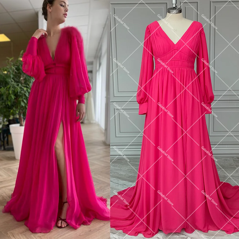 High Split V Neck Ruched Chiffon Evening Dress Custom Made Simple Long Puff Sleeves A Line Pleated Backless Cocktail Prom Gowns