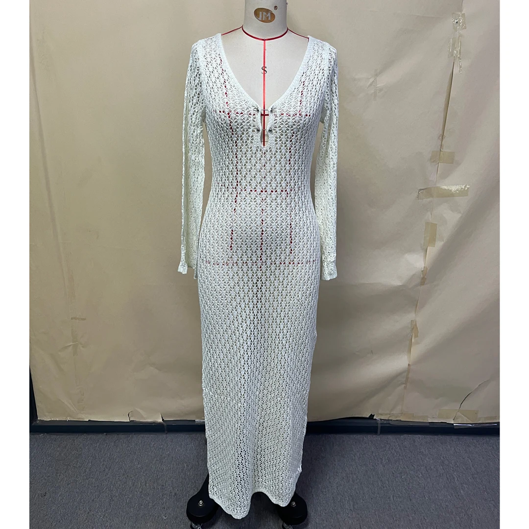 8 Farben, V-Ausschnitt, langärmeliges, gehäkeltes, gestricktes Tunika-Strandkleid, Strandmode, Strandbekleidung, Strand-Cover-up, Damen, V5046 – Detail 33