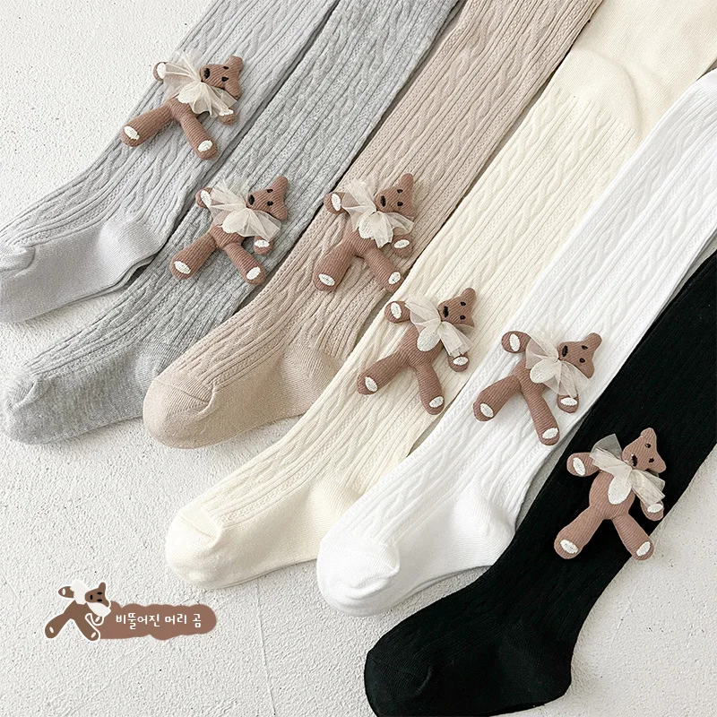 Children Cotton Tights Girls Cute Bear Bowknot Pantyhose Infant Newborn Stockings Kids Spring Autumn Casual Pants Knit Leggings