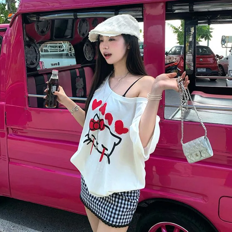 Summer Sanrio Hello Kitty Cartoon Print Large Neckline Short Sleeve Girls T-shirt Sweet Hottie Pure Desire Wind Strapless Tops