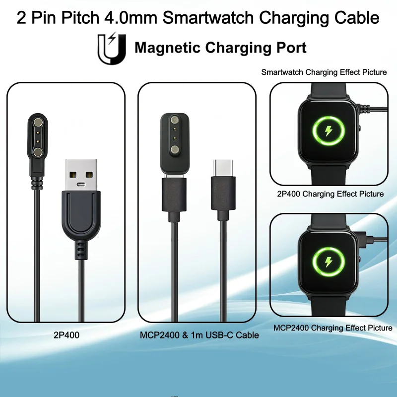 Magnetic Portable 2 Pin Pitch 4.0mm Smart Watch Charging Cable Replacement For 2 Pin Pitch 4mm Smartwatch(2P400/MCP2400)
