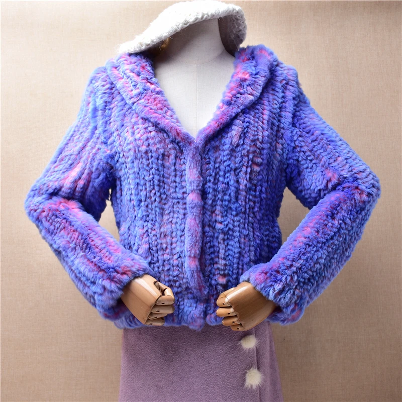 Ladies Women Fashion Hairy Genuine Rex Rabbit Hair Knitted Long Sleeves Short Style Hooded Crop Top Slim Cardigan Sweater Jacket