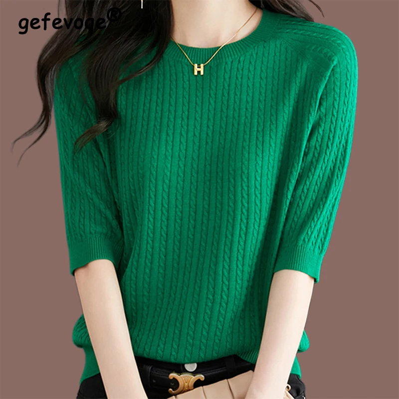 Spring Summer Round Neck Solid Simple 3/4 Sleeve Sweaters Ladies Loose Casual Fashion All-match Pullover Top Women Jumper Tee