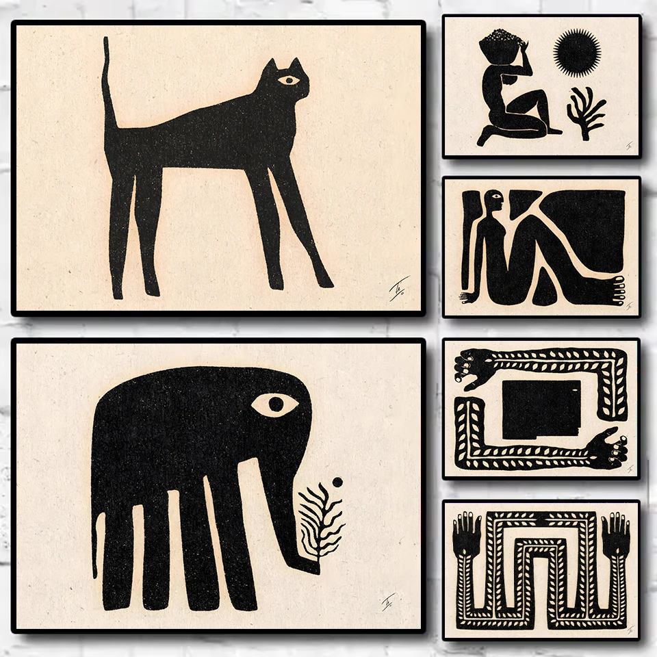 1 Stück rahmenloses Leinwandbild, Vintage abstraktes Tierkunst-Poster, Kolibri-Elefanten-Druck, Leinwandbild im Retro Mid-Century-Stil