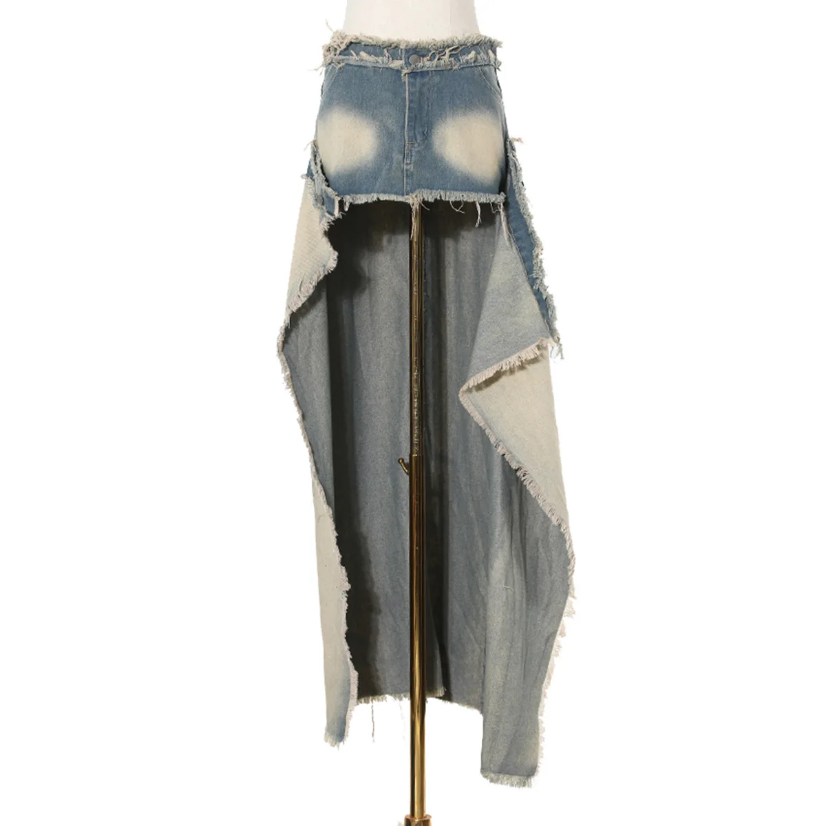 Fashion Washed To Make Old Fringed Women's Gradient Denim Split Fake Two-piece denim Skirt Spring and Summer New Long Skirt