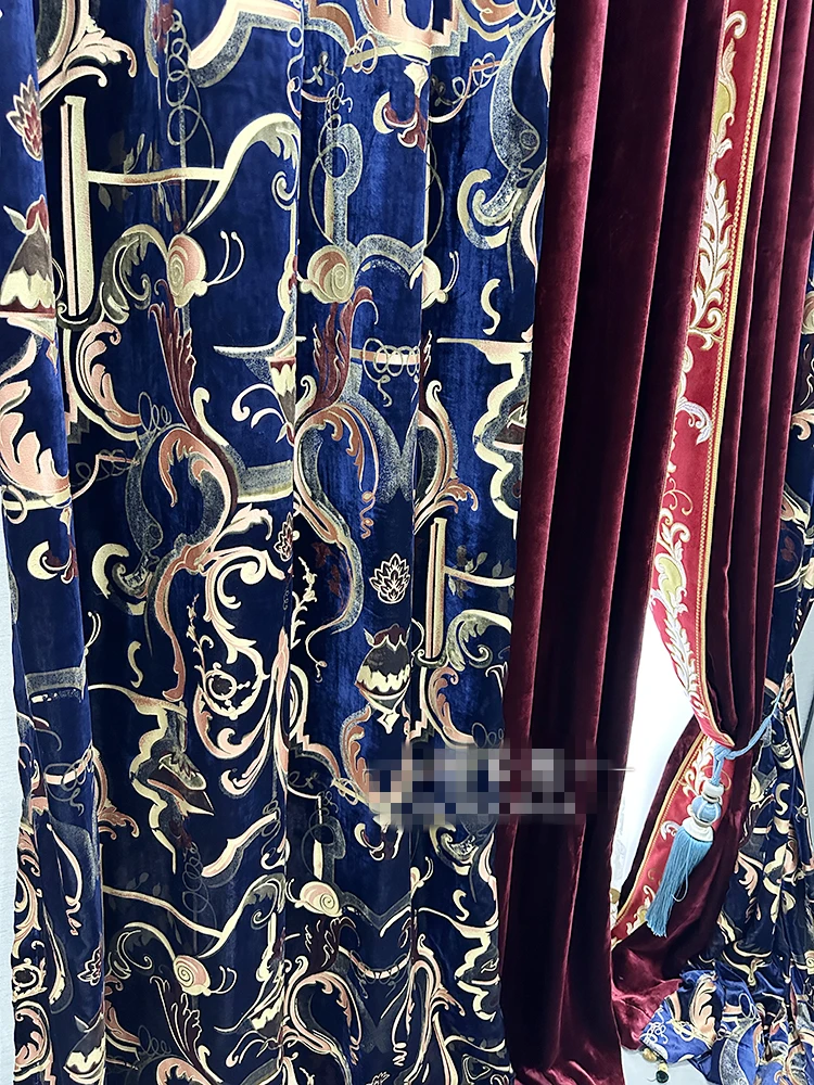 Custom American luxury villa high window blue engraved velvet thick cloth blackout curtain tulle valance drape C1582