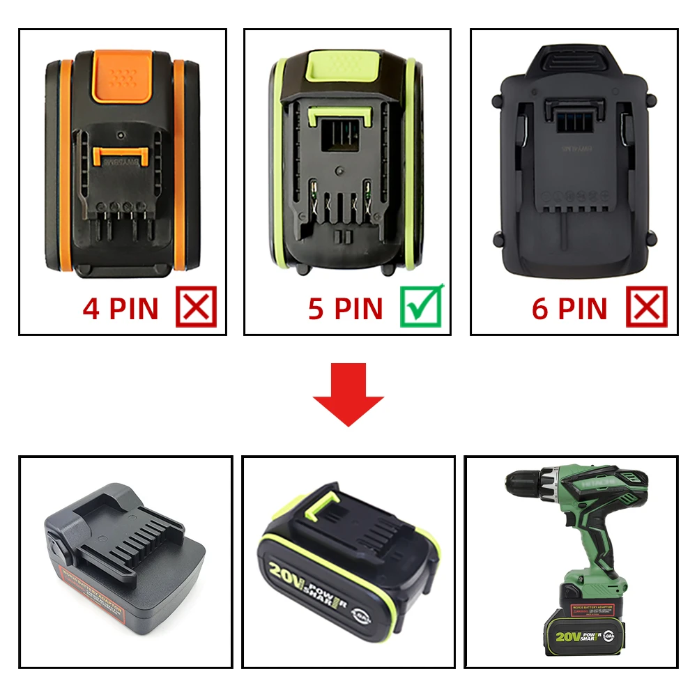 Battery Adapter Converter for WORX 20V Green 5pin Interface Li-ion Batteries for Hitachi&Hikoki 18V Battery Power Tools Drills
