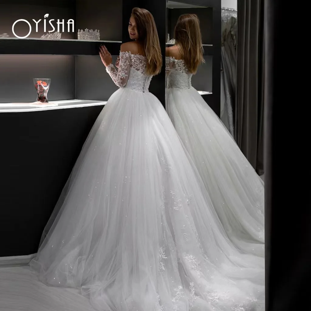 OYISHA 2023 Prinzessin Off Schulter Hochzeit Kleid Schatz Lange Ärmel Tüll Glitter Spitze Appliqus Braut Kleid Vestido De Novia