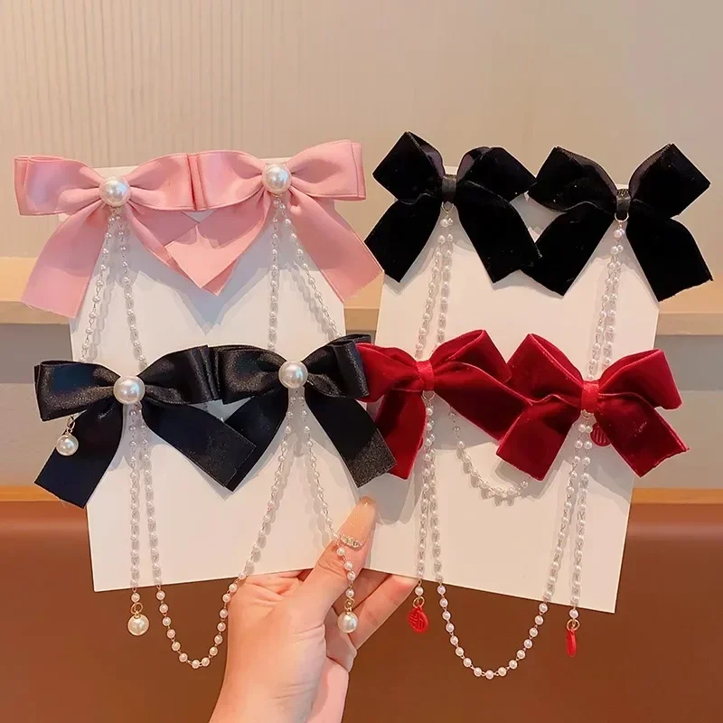 New Elegant Pearl Bow Tassel Hair Clips Solid Velvet Hair Claw Children Princess Hairpins Hair Accessories Заколка Для Волос