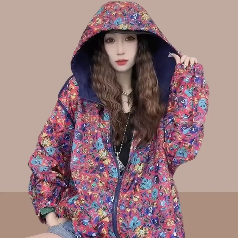 Women's 2024 Summer New Korean Beachy Loose Breathable Hooded Zipper Spliced Fashion Printed Long Sleeve Sunscreen Clothing Coat