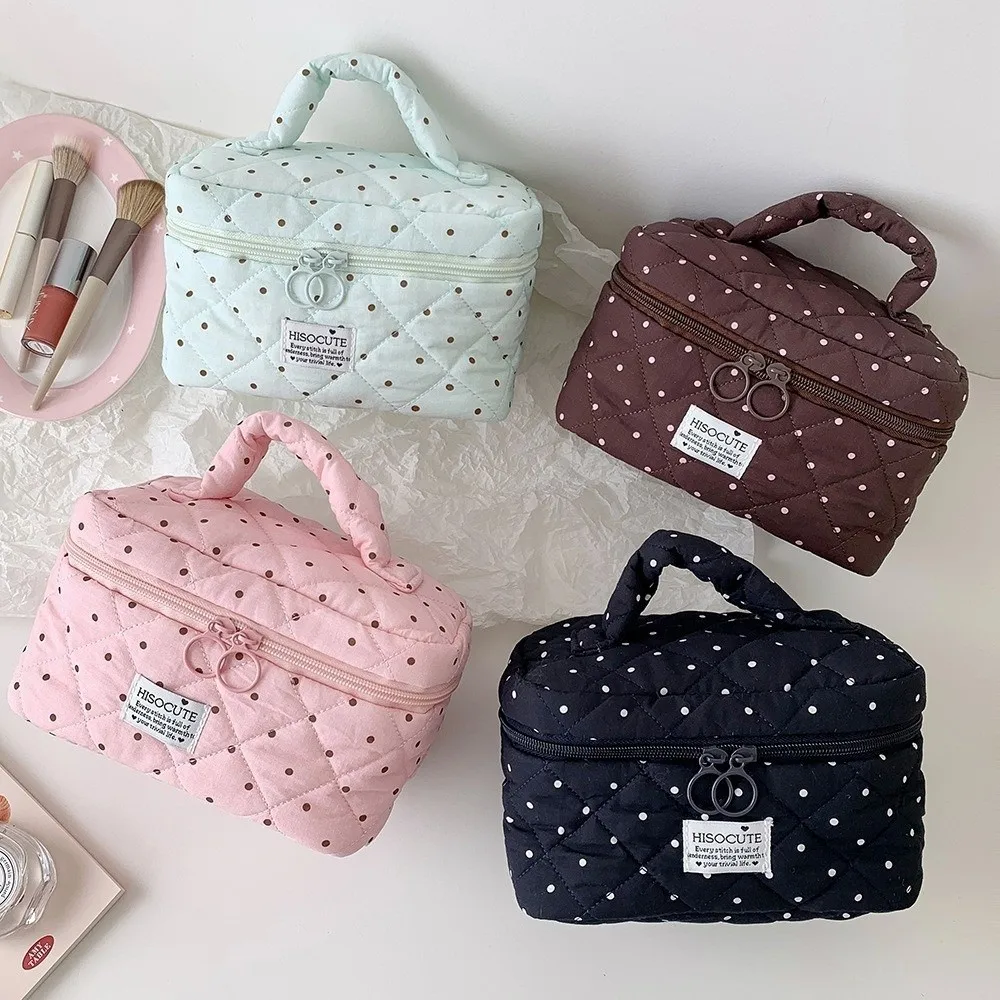 New Polka Dot Pattern Quilted Makeup Bag Large Capacity With Handle Cosmetic Bag Multipurpose Storage Bag Women