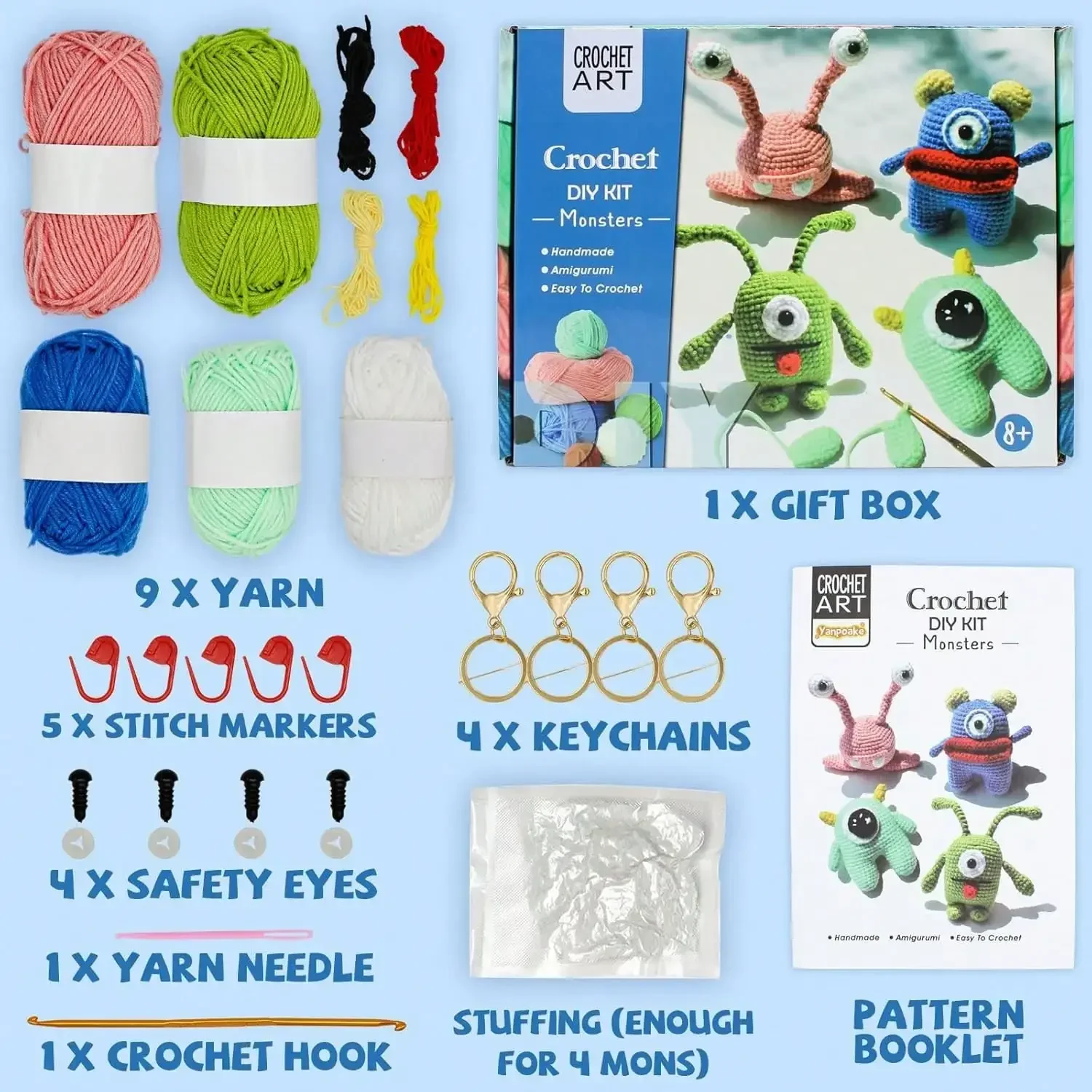 Zestaw do szydełkowania, 4PCS Monster DIY Zestaw do szydełkowania zwierząt dla początkujących, łatwy do nauki szydełkowania zestaw Amigurumi dla początkujących