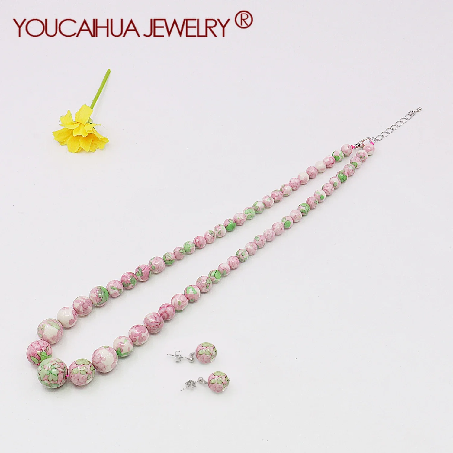 

6-14mm Rainbow Turquoised Tower Necklace/Earring Set, Round Bead Gems Chalcedony,Jewelry Gifts Accessories,5 Cm Extension Chain