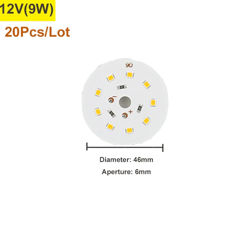 

20 шт./лот, плата светодиодного источника света DC12V, 9 Вт, круглая, для самостоятельной сборки, белый теплый свет