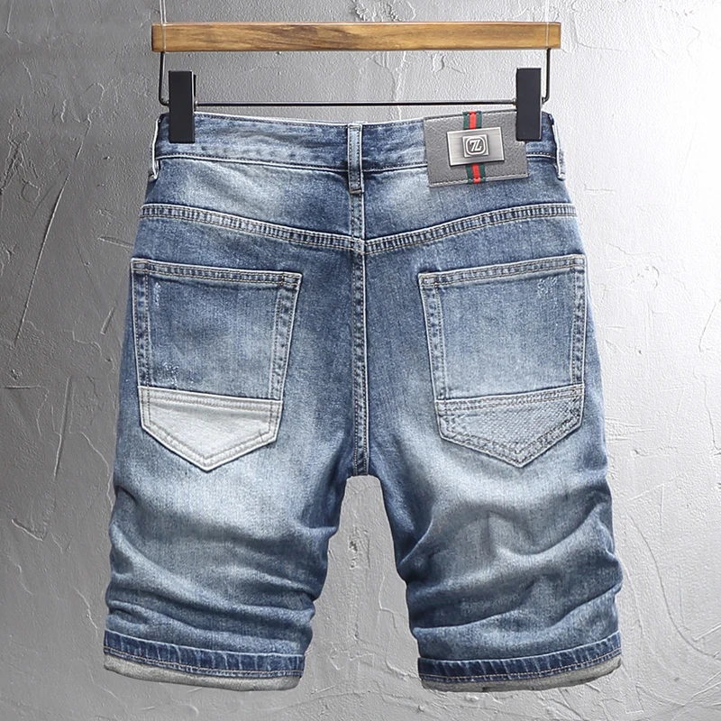 Summer Fashion Vintage Men Jeans Retro Washed Blue Stretch Slim Fit Ripped Short Jeans Patched Designer Hip Hop Denim Shorts Men
