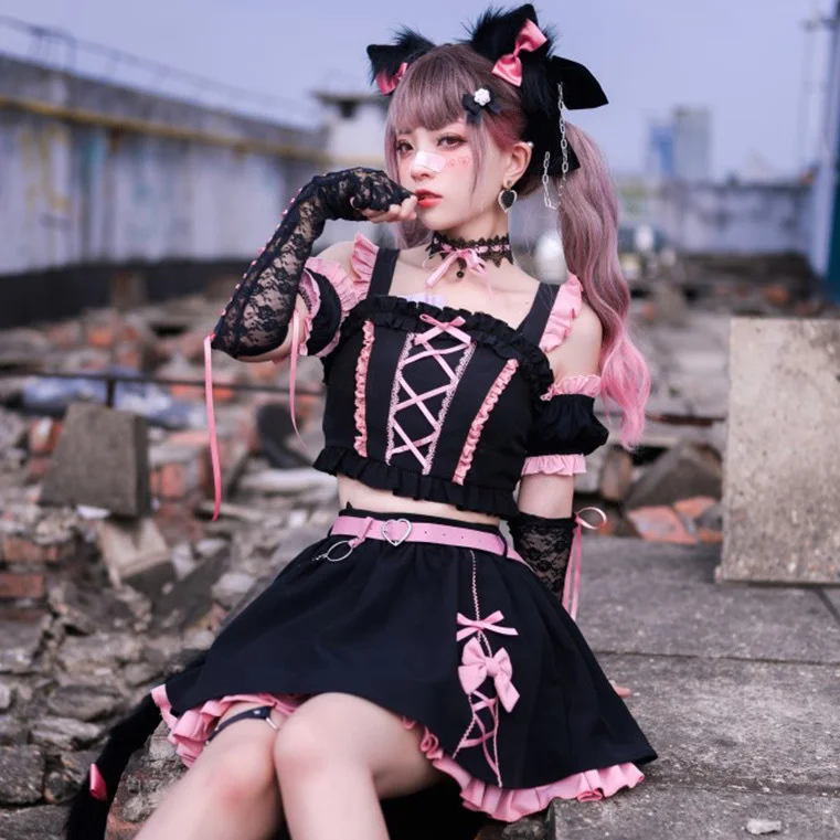 Pittige Kat Hart Jk Uniform Zwart Sweet Dark Daily Harajuku Stijl Roze Zwarte Korte Rok Set Roze Jurken Zachte Lolita Kleding