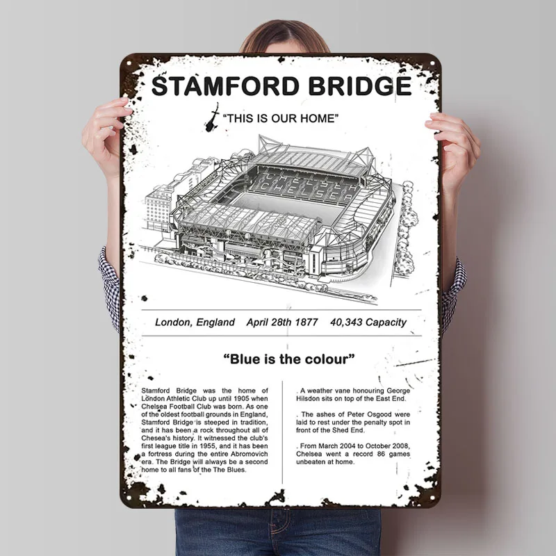 

Stamford Bridge Stadium Tinplate Signs Sport Poster Decor for Room Decoration Custom Metal Sign for Wall Art Decoration Retro