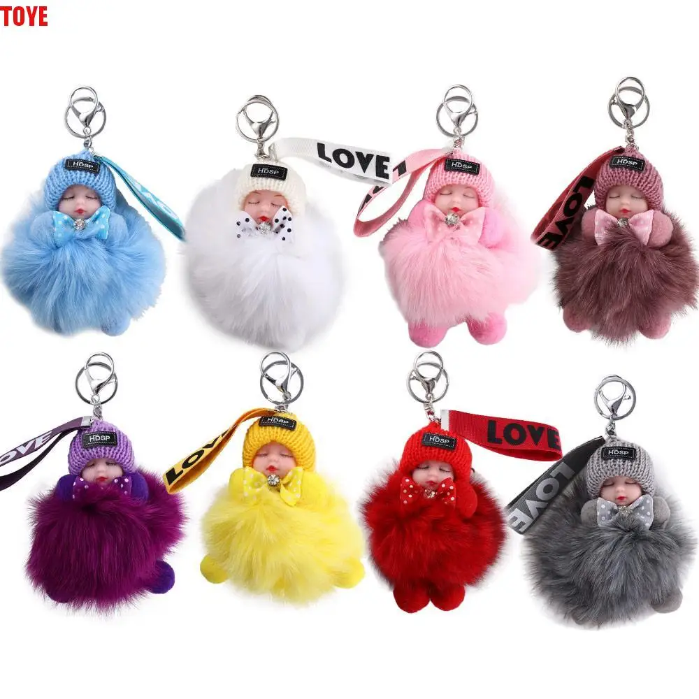 Acessórios carros chaveiro mochila jóias saco de presente pingente pompom chaveiro de pelúcia fofo boneca de pelúcia dormir boneca do bebê